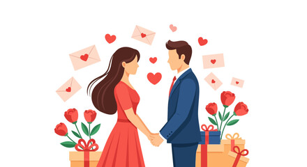 Fototapeta premium Romantic Couple Holding Hands with Gifts, Roses, and Love Letters - Valentine's Day Illustration