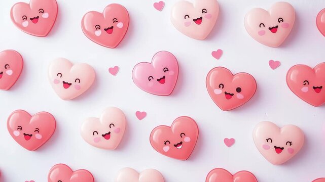 Colorful heart-shaped candies with smiling faces on white background  