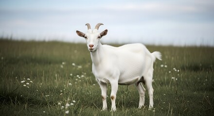 Obraz premium White Goat in Green Pasture Farm Animal