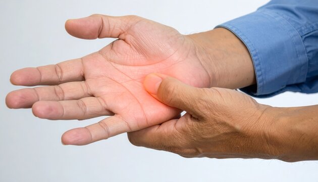 Man experiencing severe pain in his palm, highlighting common hand ailments and discomfort.