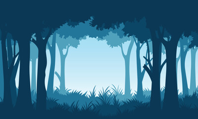 Naklejka premium silhouette of a dense forest view with a dark blue landscape background