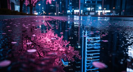 Cityscape reflected in water at night with cherry blossoms and blue light