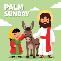 Naklejka premium Palm Sunday Jesus Triumphal Entry Donkey Child