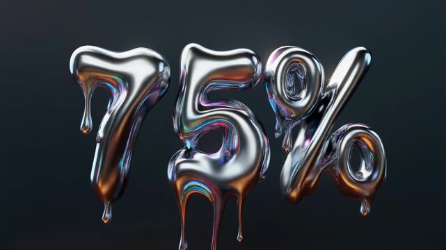 Melting 75 percent discount sign, liquid chrome metal 3D typography dripping on dark background for summer sale concept