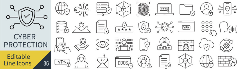 線の編集ができるサイバープロテクションに関するアイコンセット（アウトライン化していない）
