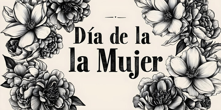 D&iacute;a de la Mujer texto con ilustraci&oacute;n de flores en blanco y negro