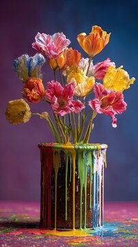 A vibrant bouquet of multicolored tulips in a paint can with dripping paint, set against a gradient background.