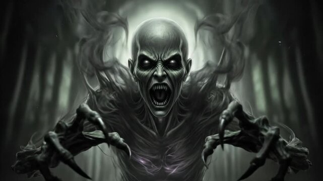 Terrifying Monster with Glowing Eyes Screaming in Dark Forest