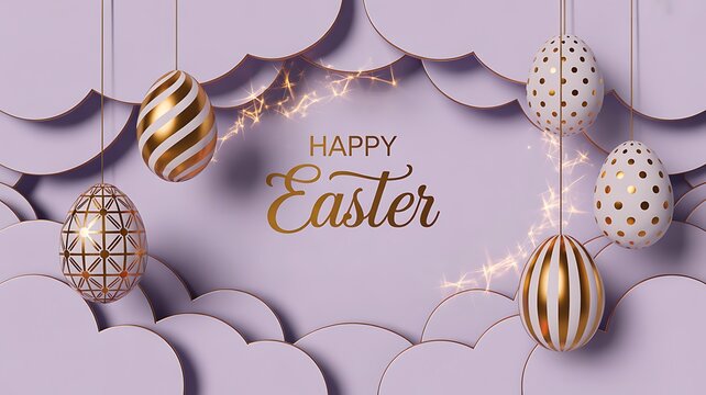 Happy easter elegant paper cut design with hanging eggs 