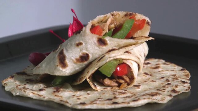 Close up of a freshly prepared wrap pancake with golden brown surface and soft texture resting on a rustic kitchen table, highlighting its appetizing appearance and homemade quality.