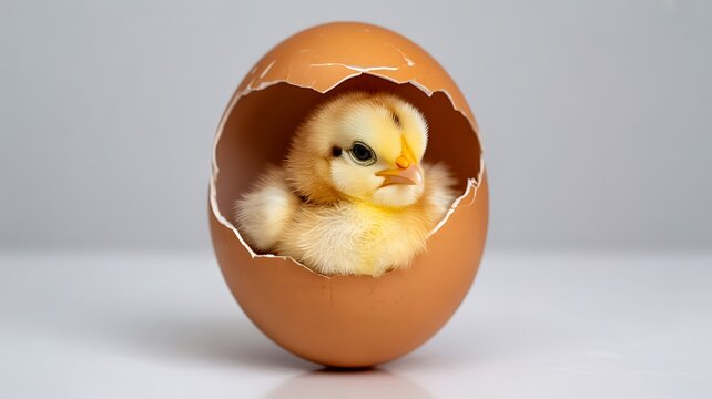 Cute chick hatching from broken easter egg shell 