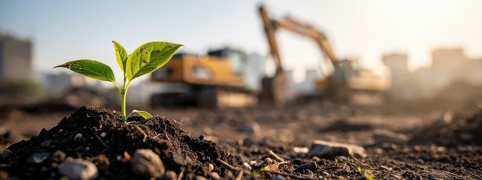 Green seedling growing in soil with construction site background, environmental sustainability and urban development contrast, climate change recovery and eco growth concept