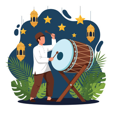 Muslim Man Playing Bedug Drum for Eid Celebration
