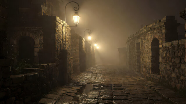 A medieval cobblestone path shrouded in mist, illuminated by old lanterns.