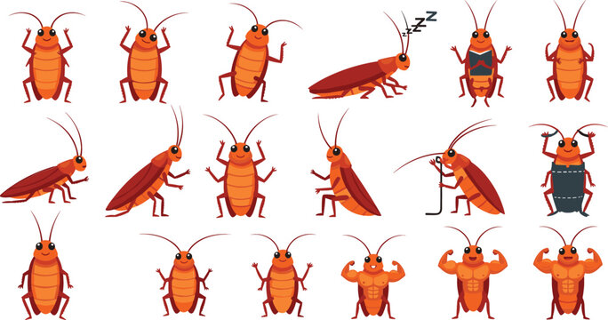 Funny cartoon cockroach character set featuring cute brown insects in various poses like reading, sleeping, and showing muscles for pest control or education