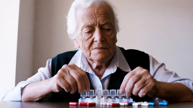 An elderly person organizes their medication into a weekly pill dispenser.