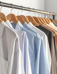 Obraz premium Collection of neatly arranged shirts hanging on wooden hangers in a closet.