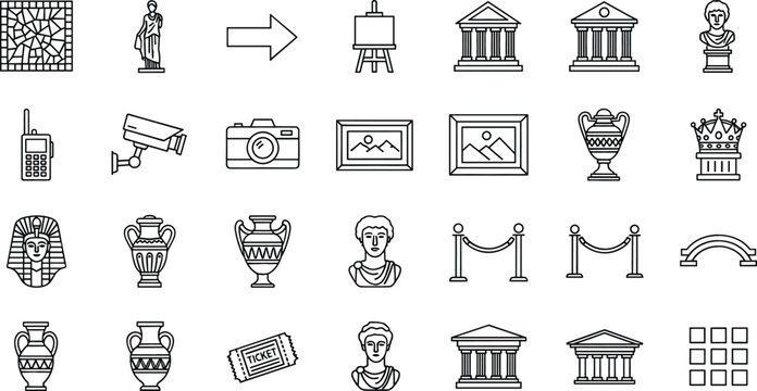 Museum and art gallery outline icon set featuring historical statues, ancient Greek vases, Egyptian pharaoh, gallery security camera, and exhibition symbols