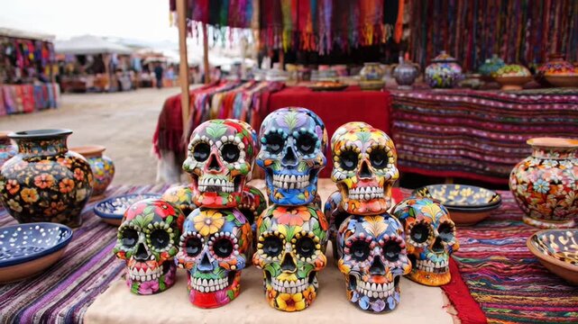 Colorful Day of the Dead Skull Decorations Displayed at a Market During Cinco de Mayo Celebration
