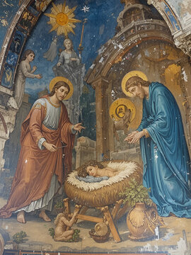 The frescoes of the Orthodox - Byzantine - La Panagia tou Araka, or Arakos (Cyprus) Nativity with Jesus' first bath