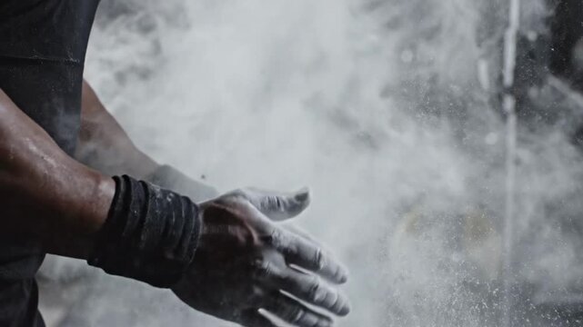 Athlete's hands covered in chalk dust for grip enhancement.