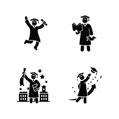 Graduation celebration icon set, academic achievement success concept, bold silhouette style