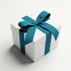 A beautifully wrapped white gift box with a teal ribbon on a plain background