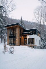 Modern house in snowy mountains surrounded by trees during winter season provides a cozy spot for family and friends to gather in nature