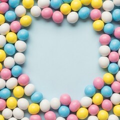 Fototapeta premium A colorful border of candy balls on a light blue background with empty space
