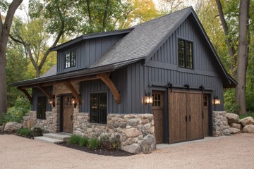 Experience the beauty of contemporary cabin design, featuring exquisite stone and wood elements, nestled in a serene forest landscape under the bright daylight