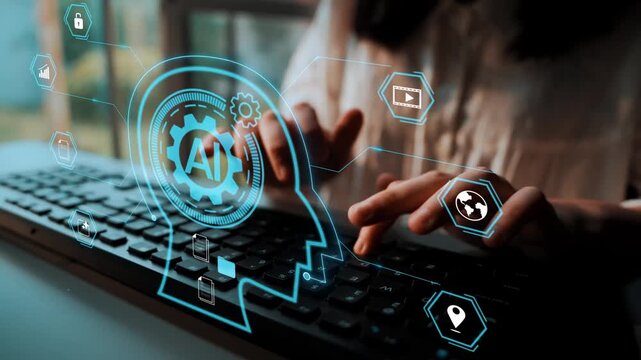 Modern workspace showcasing artificial intelligence concepts with a person typing on a keyboard amidst digital icons and holographic elements Gluon.
