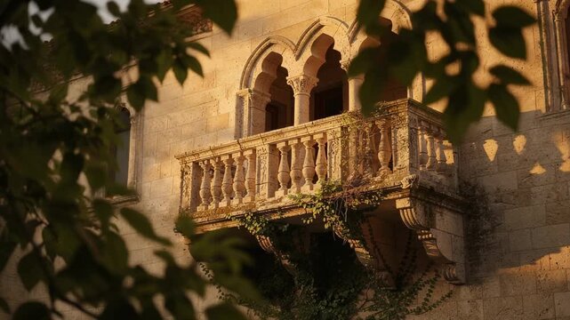 Historic stone balcony with ornate arches and balustrades surrounded by greenery in warm sunlight