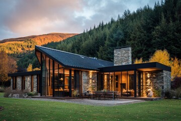 Obraz premium Modern house sits in a valley surrounded by trees and mountains during golden hour with warm light reflecting on its glass walls