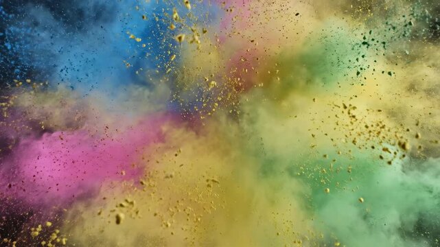 Vibrant Colored Powder Explosion with Golden Sparkles.