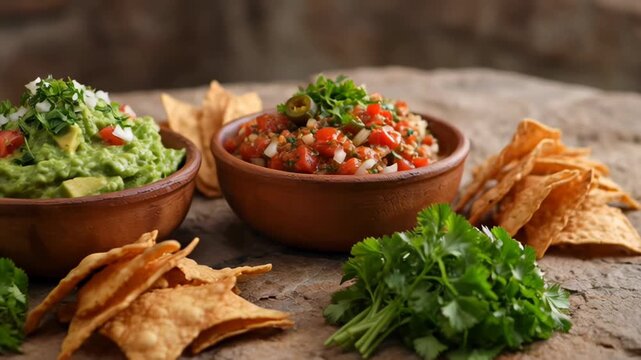 Traditional Dips with Guacamole and Salsa in Clay Bowls  Tortilla Chips  Fresh Cilantro on Rustic Stone Surface for Cinco de Mayo Celebrations