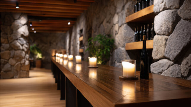 Cozy Wine Bar Interior with Stone Walls and Wooden Counter Design