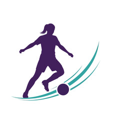 Obraz premium Female soccer player silhouette with ball and dynamic lines.