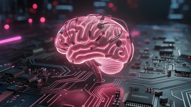 Futuristic glowing brain connected to a digital circuit board representing artificial intelligence and technology innovation