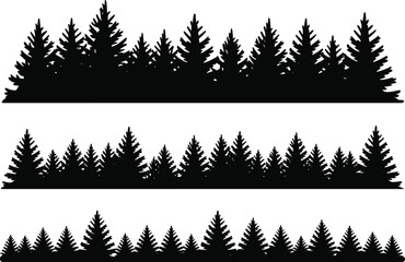 Evergreen pine forest silhouette borders, woodland tree horizon dividers for landscape backgrounds natural outdoor black vector illustration set