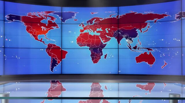 Modern news studio with global map display