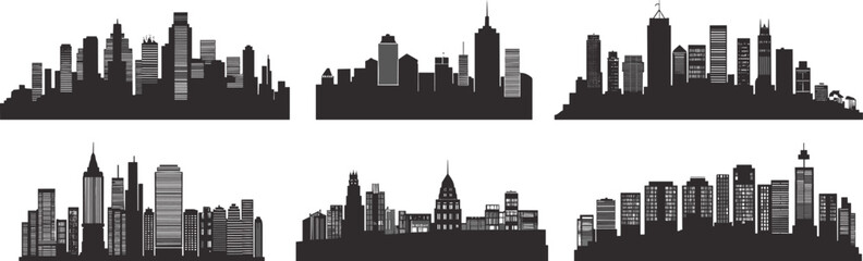 Obraz premium Modern city skyline silhouettes collection, detailed urban buildings panorama set for architecture backgrounds metropolitan black vector illustration bundle