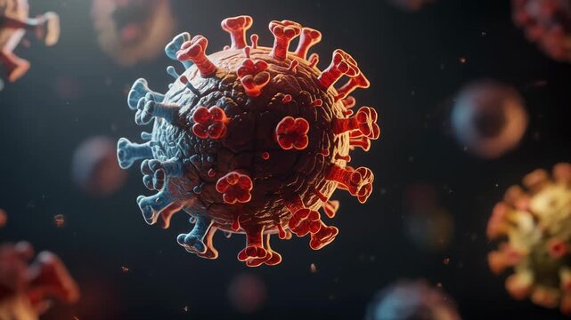 Detailed 3D visualization of coronavirus with spike proteins floating in dark background for health and medical concept