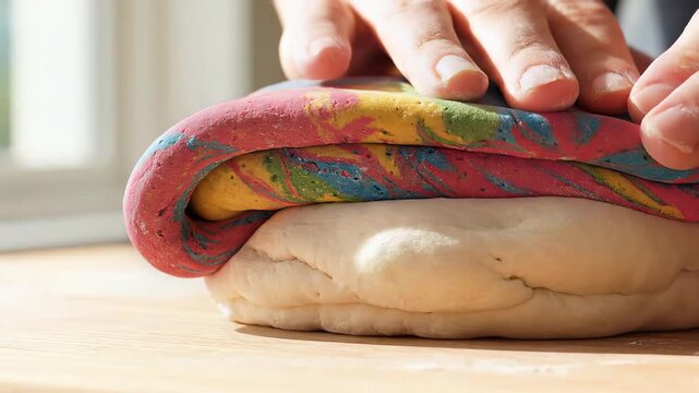 Rainbow marbled dough being folded over plain white dough on wooden board for baking