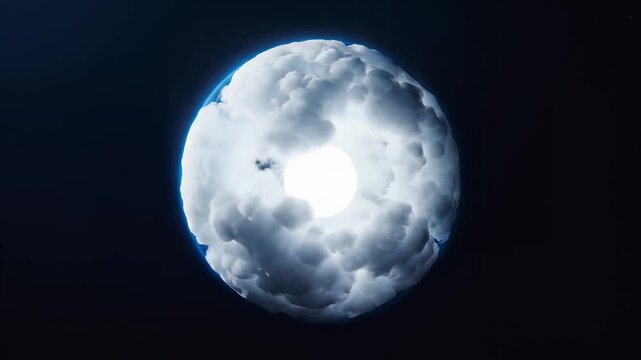 Spherical cloud formation with central glowing light on dark background for abstract concept