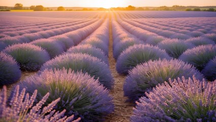 Obraz premium Rows of lavender fields at sunset with sunbeams