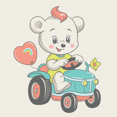 Cute bear cub riding a tractor cartoon hand drawn vector illustration. Can be used for t-shirt print, kids wear fashion design, baby shower invitation card. © Helga Gavrilova