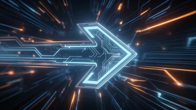Futuristic glowing arrow with digital circuit lines symbolizing technology innovation and digital progress