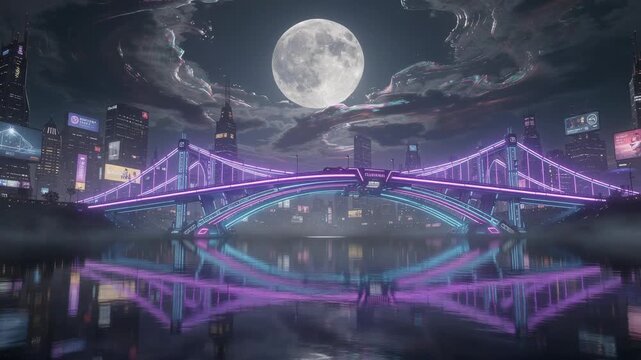 Futuristic neon bridge over water with full moon and vibrant city skyline reflections at night