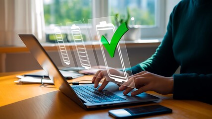 Obraz premium Businessman working on laptop with approved checkmark and online verification concept