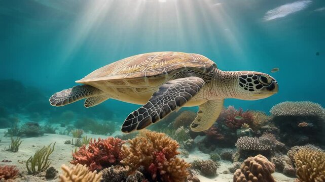 Underwater sea turtle swimming over vibrant coral reef in clear ocean water with sunlight rays